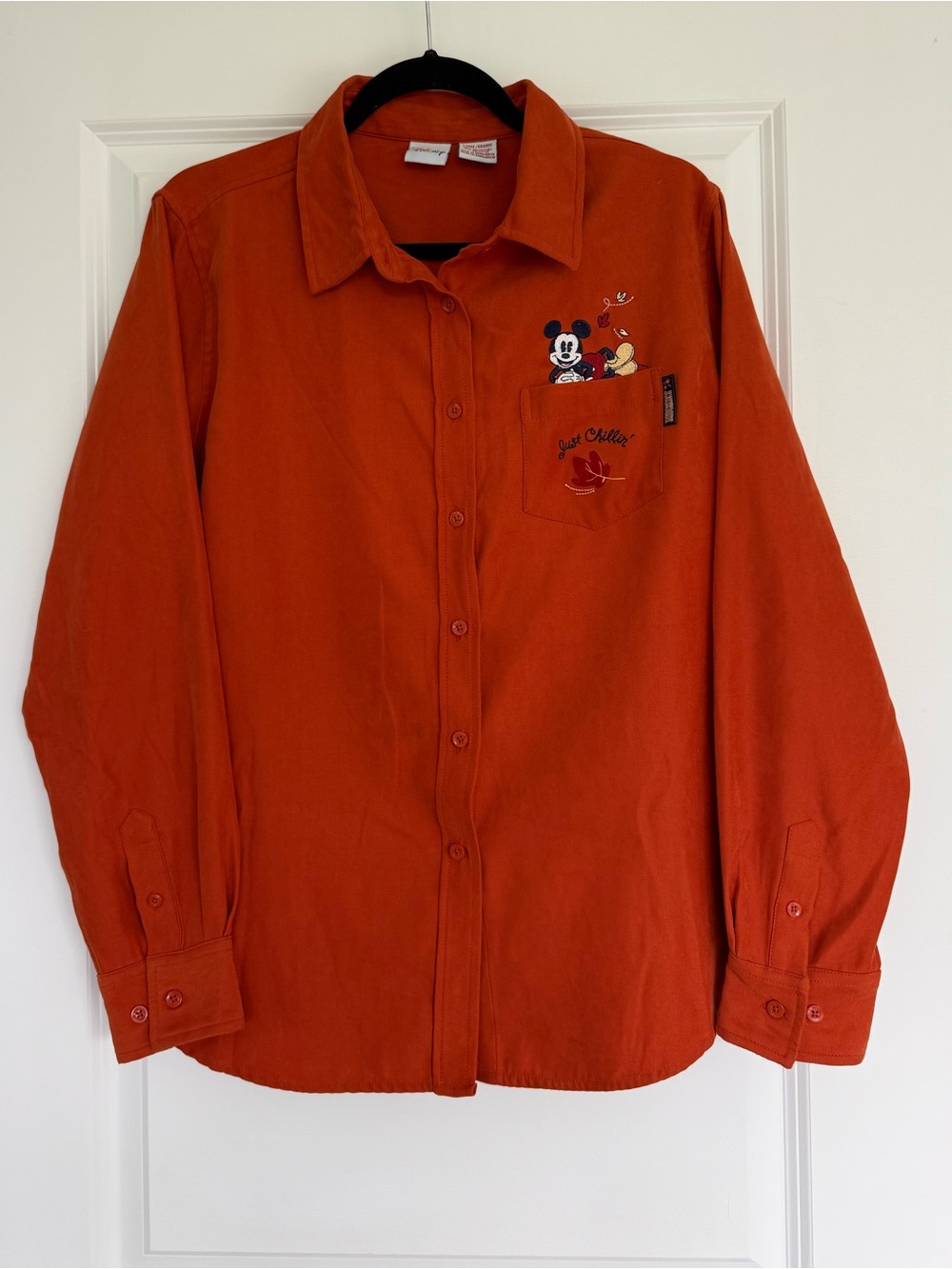 Vintage Disney Mickey Mouse "Just Chillin" Burnt Orange Autumn Button Down Large
